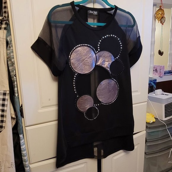 Silver Stitch Black and Silver Mesh and PU Leather T Shirt Dress - Picture 1 of 4